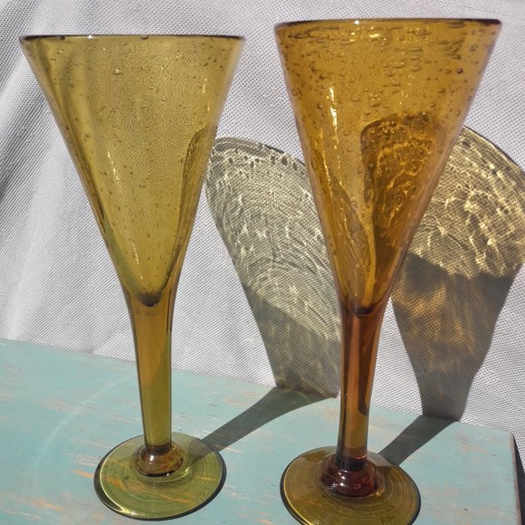 Vintage Golden Wine Goblets Bubble Glass Handmade Signed French Artist France - Picture 15 of 16